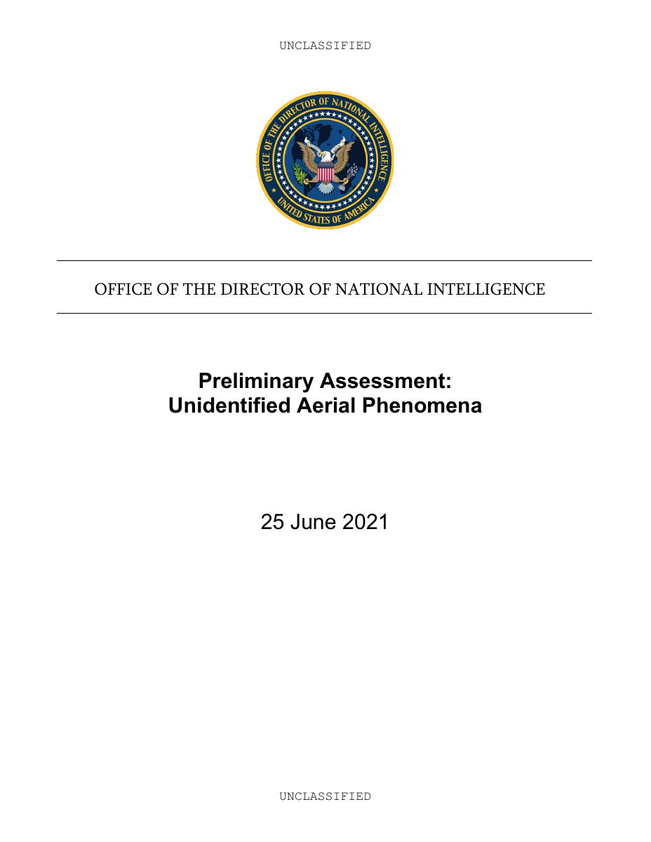 Cover of the 2021 ODNI UAP preliminary assessment